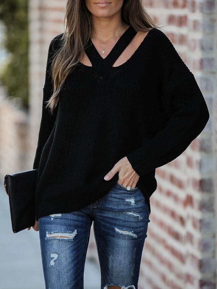 V-neck Solid Loose Sweater-Pinkami