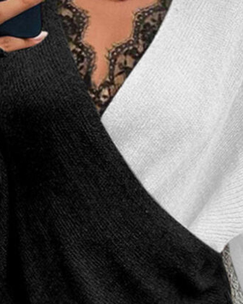 Two Tone Contrast Lace Wrap Batwing Sleeve Sweater-Pinkami