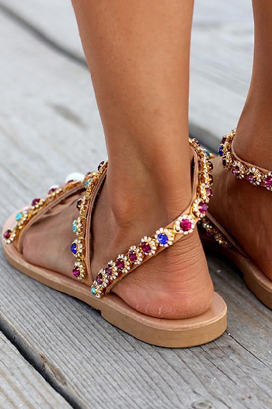 Colorful Rhinestone Embellished Toe Ring Flat Sandals-Pinkami