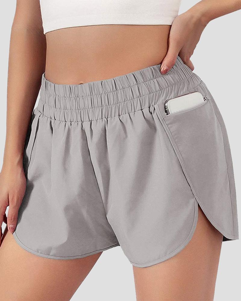 Pocket Decor Overlap Hem High Waist Sports Shorts-Pinkami