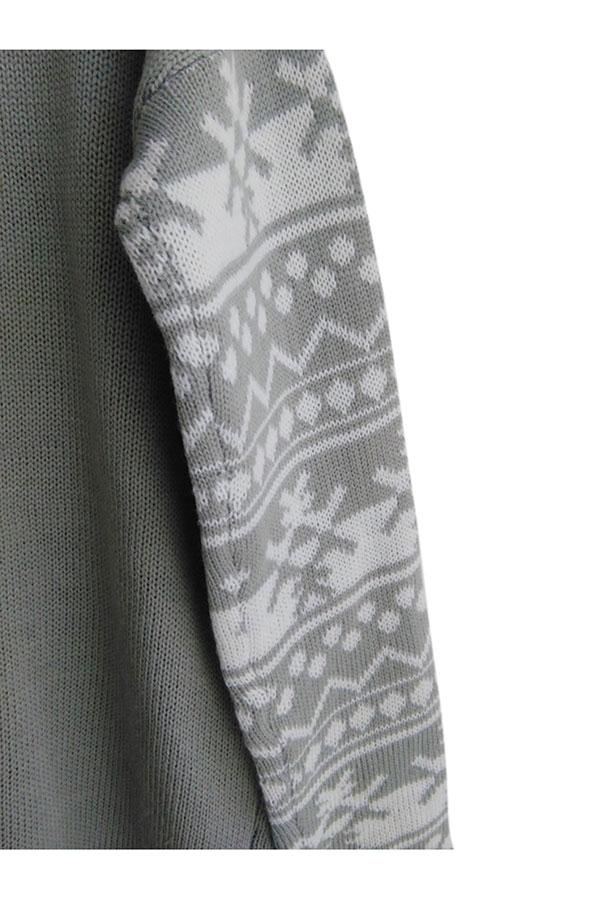 Women Crew Neck Reindeer Snowflake Ugly Christmas Sweater Gray-Pinkami