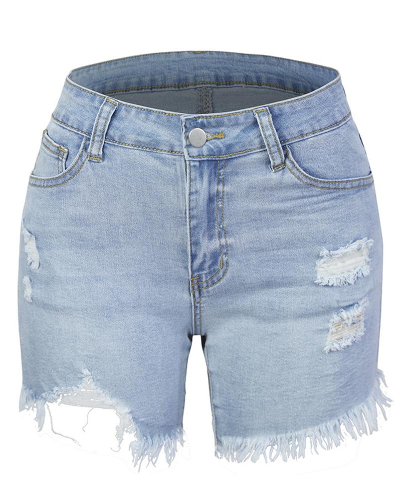 Women Ripped Raw Hem Pocket Detail Denim Shorts-Pinkami