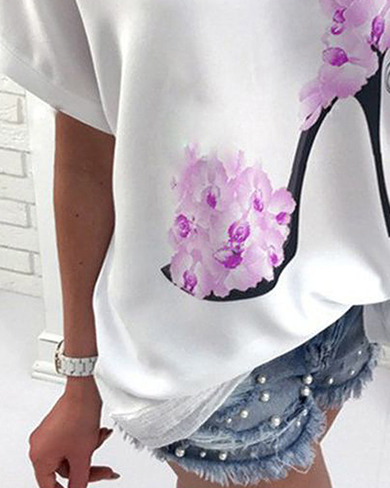 Floral & High Heel Print Drop Shoulder T-Shirt-Pinkami