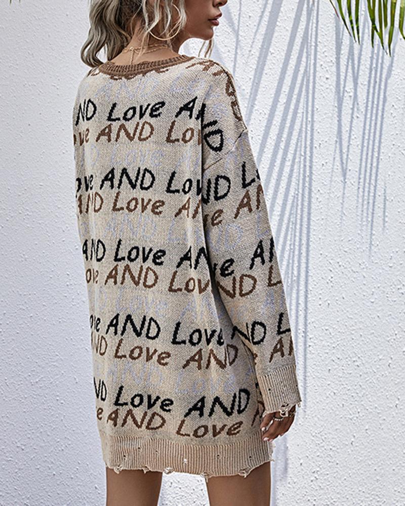 Letter Print Drop Shoulder Raw Hem Sweater-Pinkami