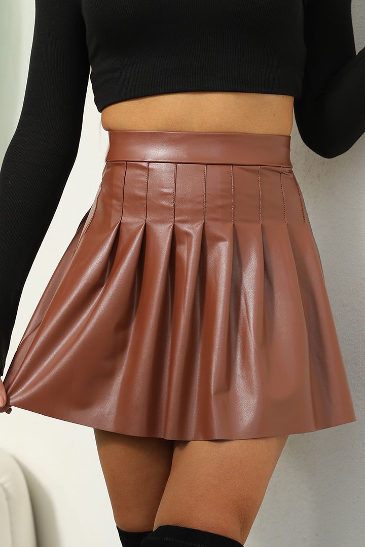 PU Leather Solid Pleated High Waist Mini Skirt