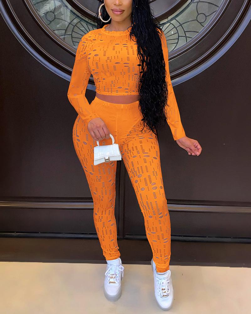 Hollow Out Sheer Lettuce Trim Long Sleeve Top & Pants Set