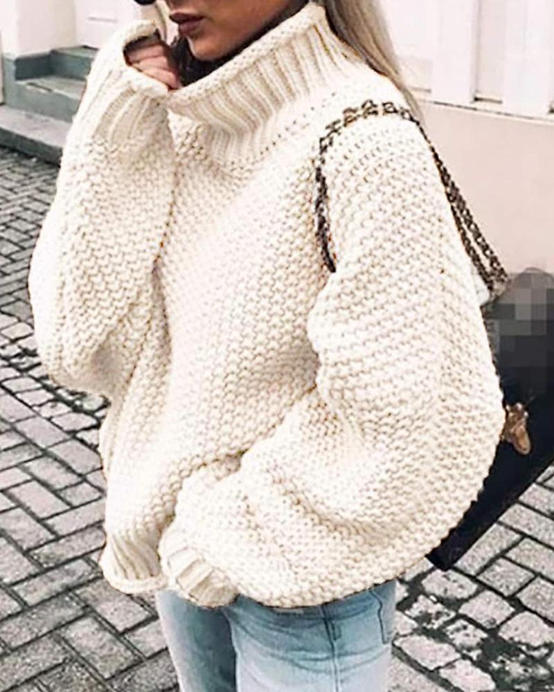 Solid Chunky Knit High Neck Drop Shoulder Sweater-Pinkami