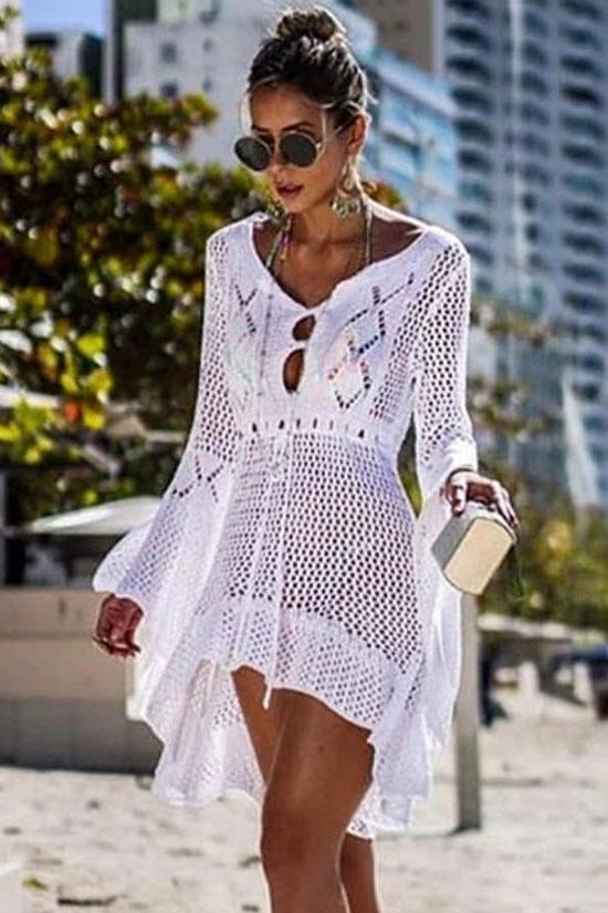 Flare Sleeve Drawstring Crochet Cover Up-Pinkami