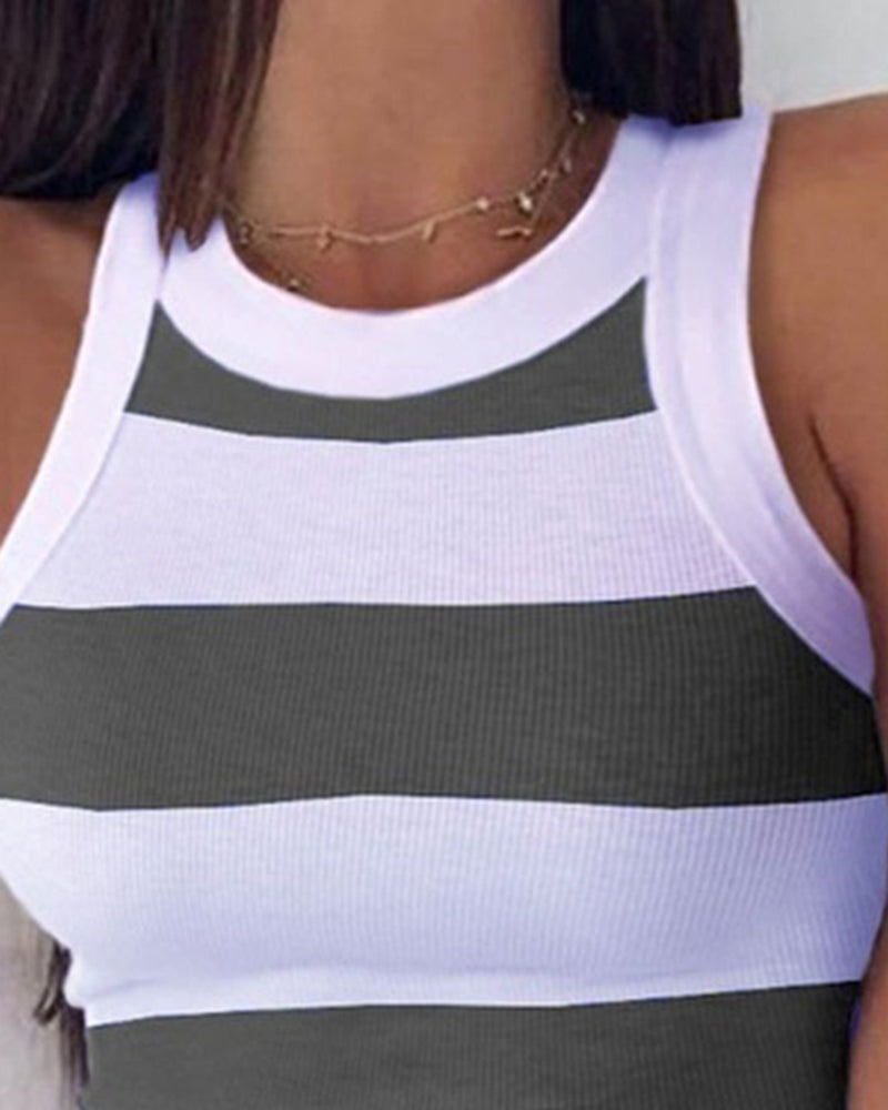 Striped Pattern Sleeveless Ribbed Tank Top-Pinkami