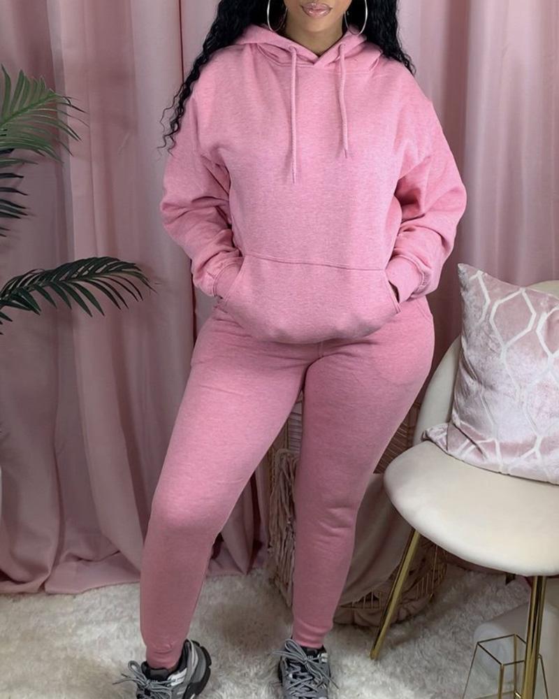 Solid Kangaroo Pocket Drawstring Hoodie & Pants Set-Pinkami