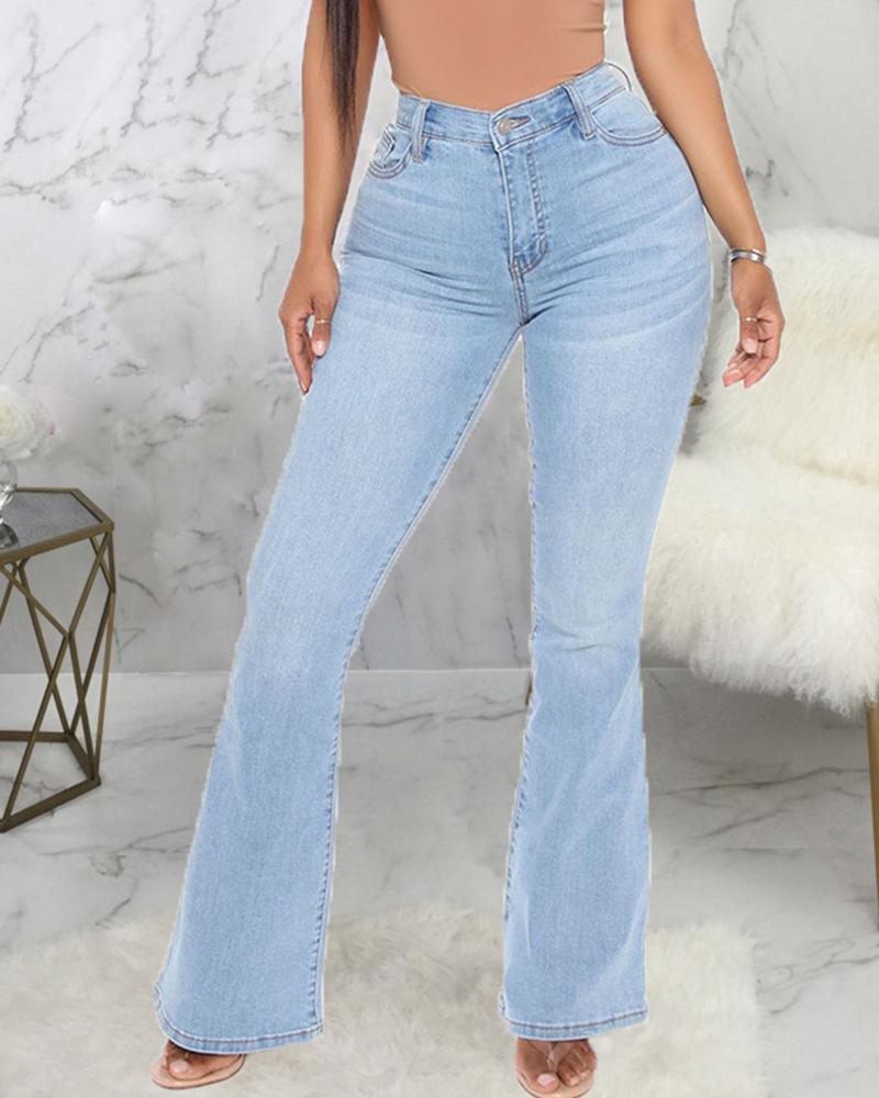Women Heart Pattern Spliced High Waist Flare Jeans-Pinkami