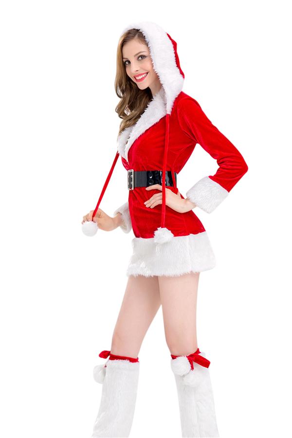 Fancy Fur Trim Hooded Christmas Santa Costume For Women Red-Pinkami
