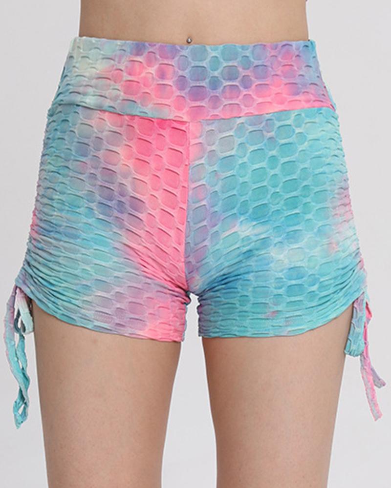 Tie Dye Textured Drawstring Side Butt Lifting High Waist Sports Shorts-Pinkami