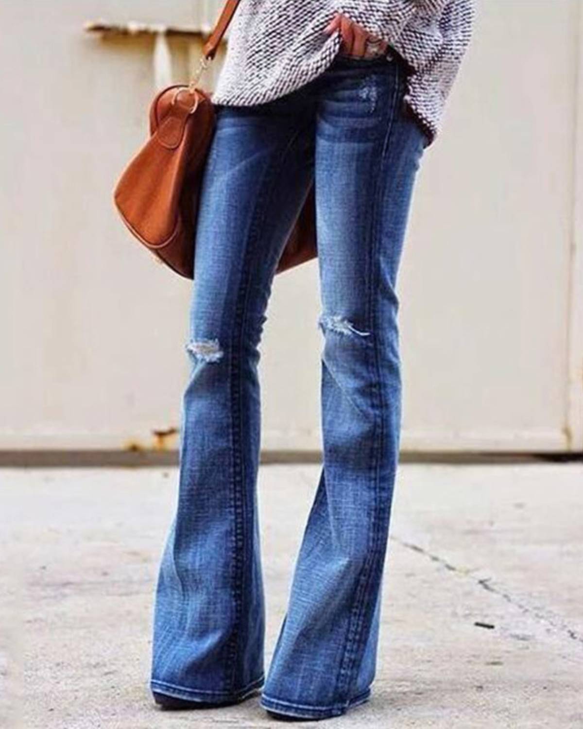 Women Vintage Knee Distressed High Waist Flare Jeans-Pinkami