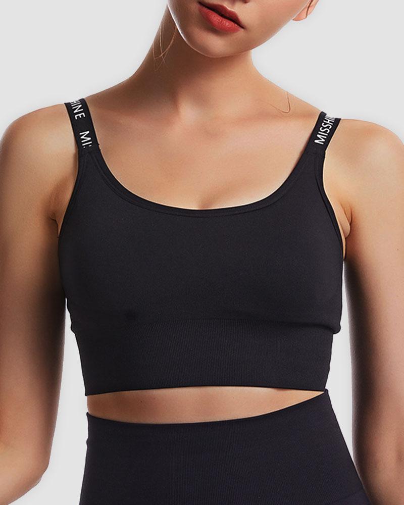 Letter Print Seamless Buckle Decor Sports Bra-Pinkami