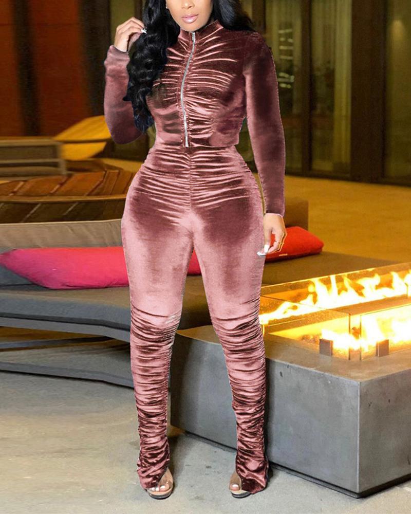 Solid Ruched Zip Up Long Sleeve Top & Split Hem Pants Set-Pinkami