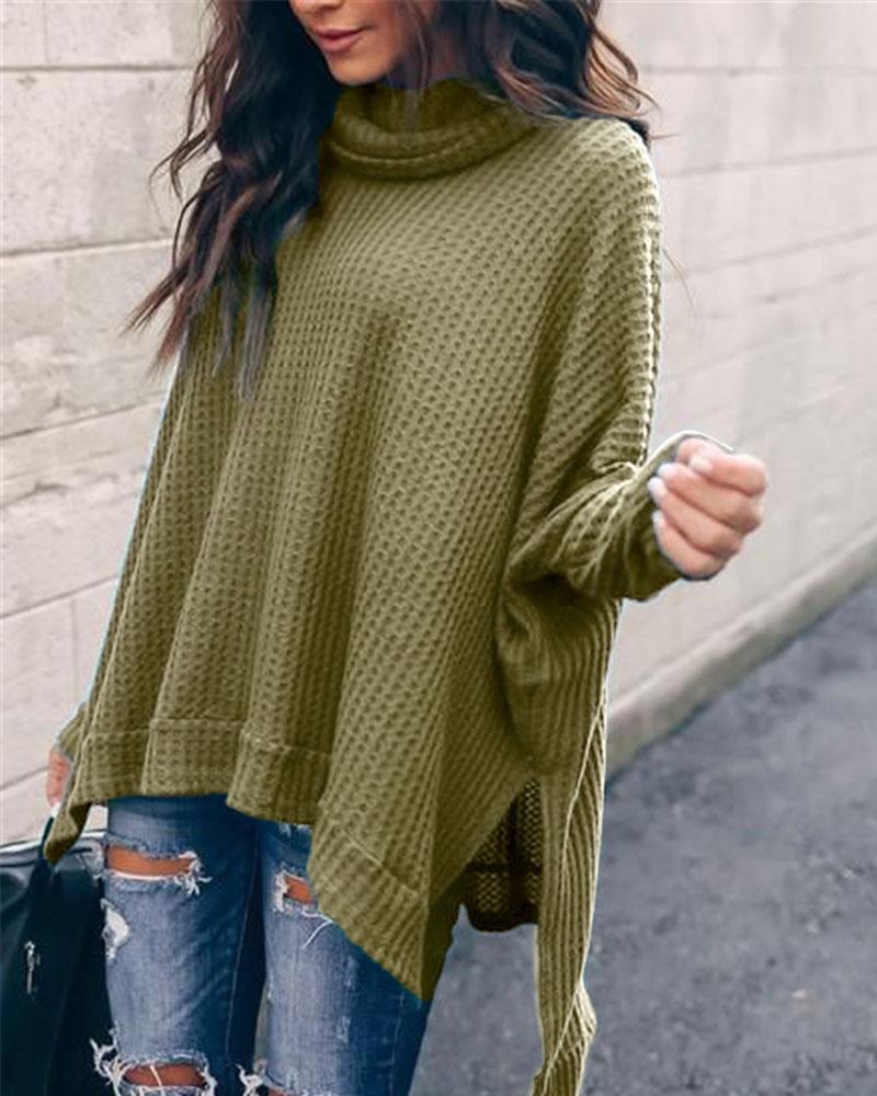 Solid Split Hem High Neck Sweater-Pinkami