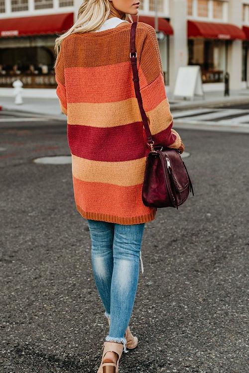 Contrast Stitching Sweater Cardigan-Pinkami