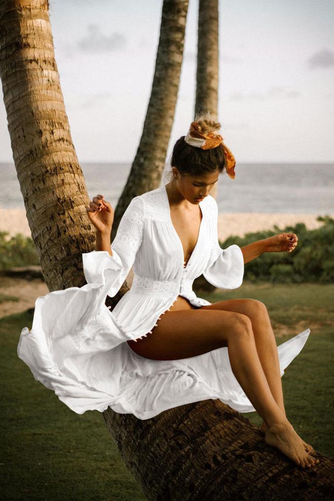 Bohemian Flowy Lace Button-Up Open Front Maxi Cover Up-Pinkami