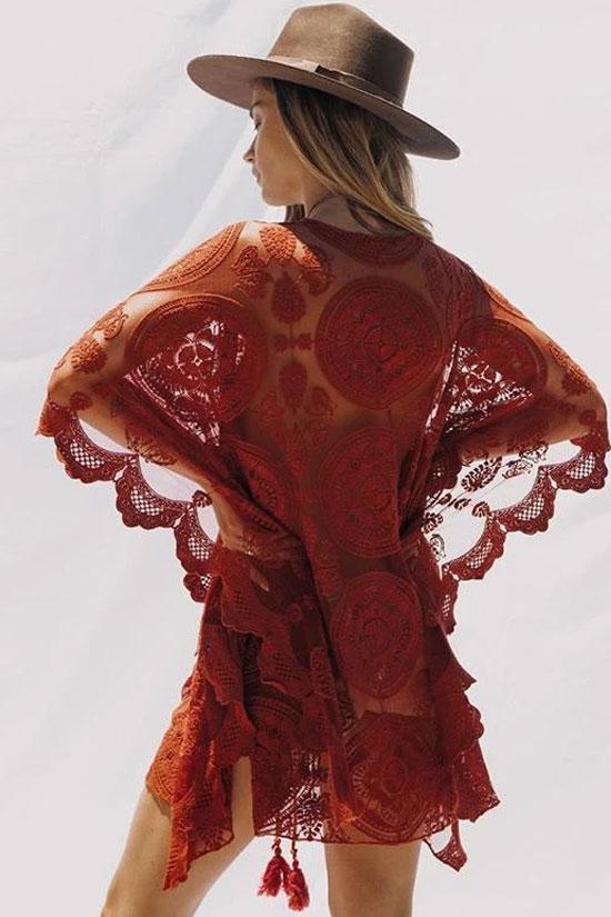 Tie String Front Scalloped Sheer Lace Crochet Boho Kaftan Cover Up-Pinkami
