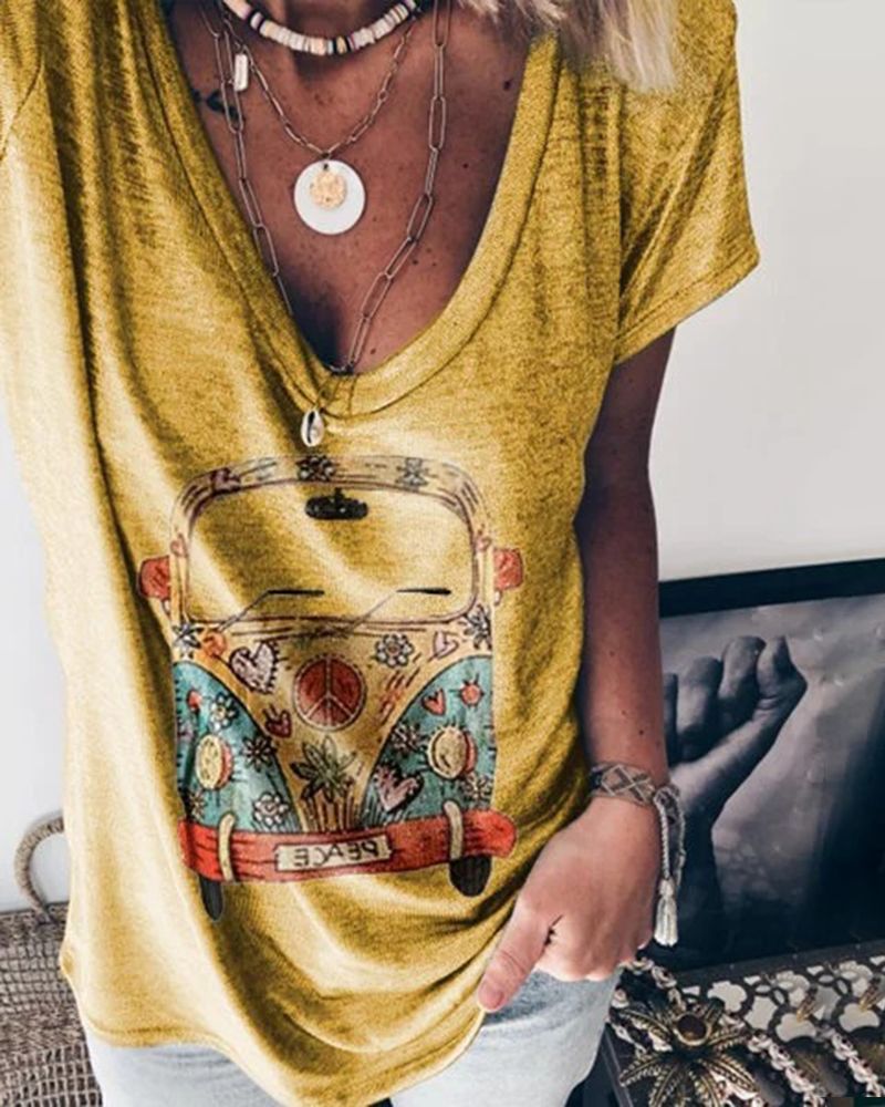 Car Print Marled Knit V Neck T-Shirt-Pinkami