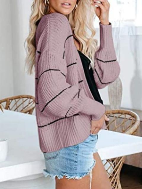 Striped Long Sleeve Loose Sweater Cardigan-Pinkami