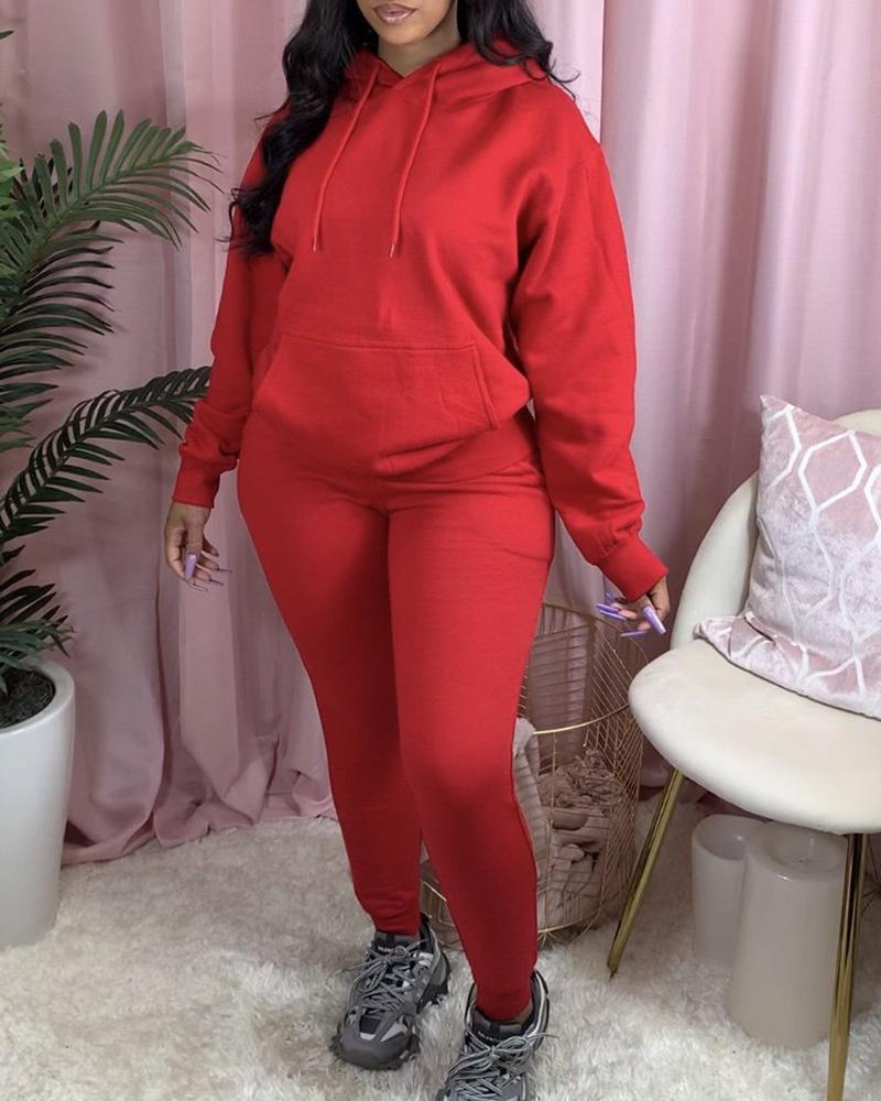 Solid Kangaroo Pocket Drawstring Hoodie & Pants Set-Pinkami