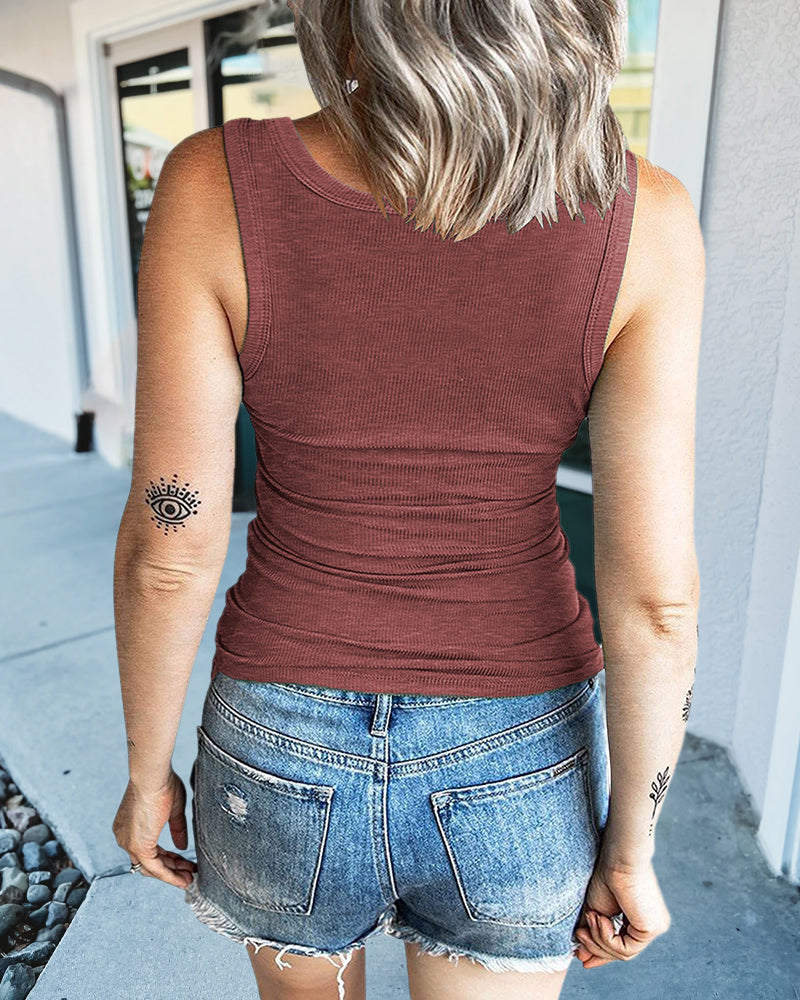 Half Button Placket Ribbed Tank Top-Pinkami