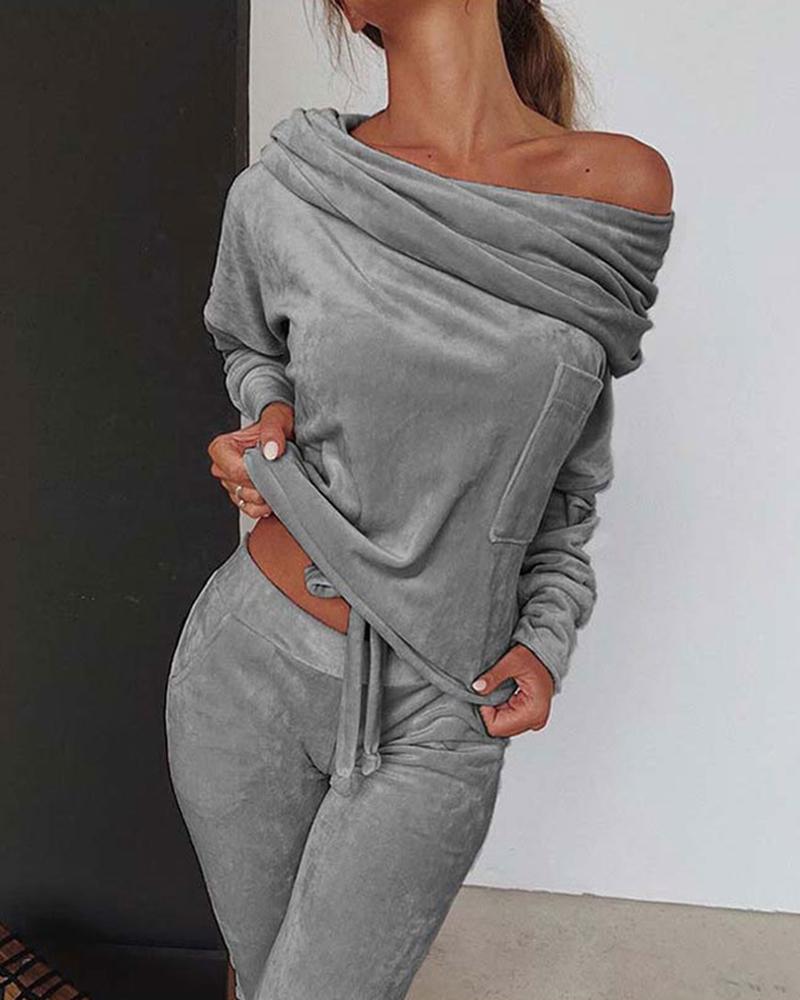 Solid Velvet Drawstring Boat Neck Top & Pants Set-Pinkami