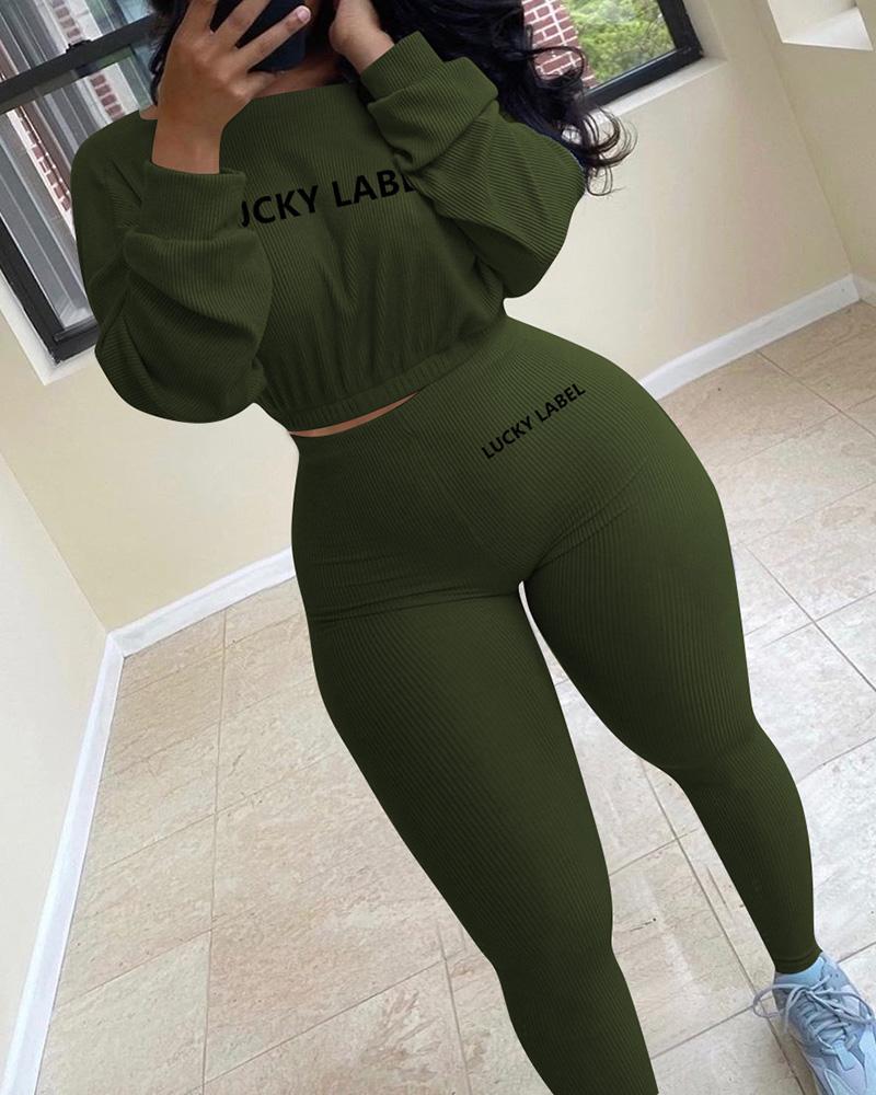 Letter Print Rib-Knit Crop Top & Pants Set-Pinkami