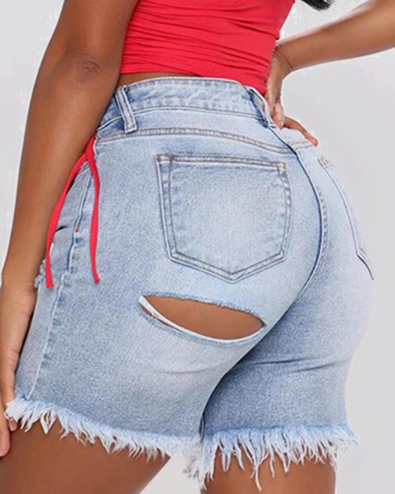 Women Ripped Raw Hem Pocket Detail Denim Shorts-Pinkami