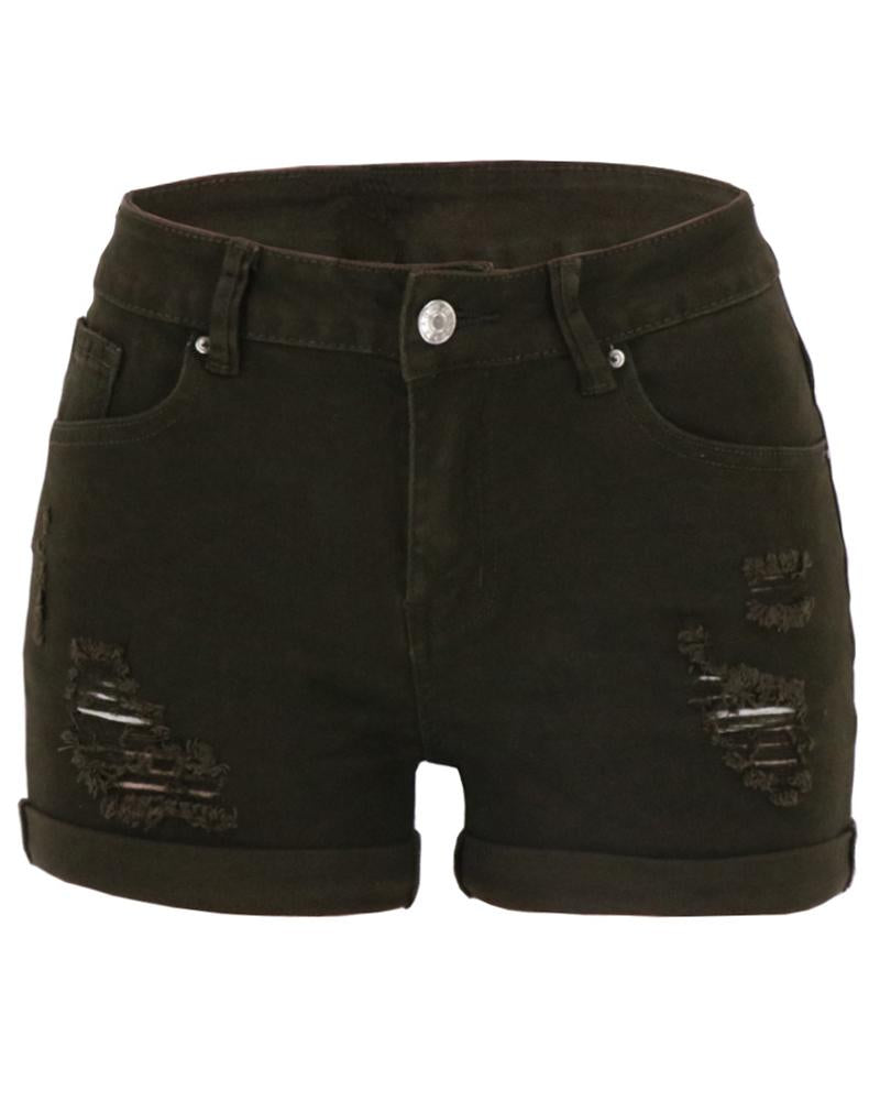 Women Low Waist Roll Up Hem Ripped Denim Shorts-Pinkami