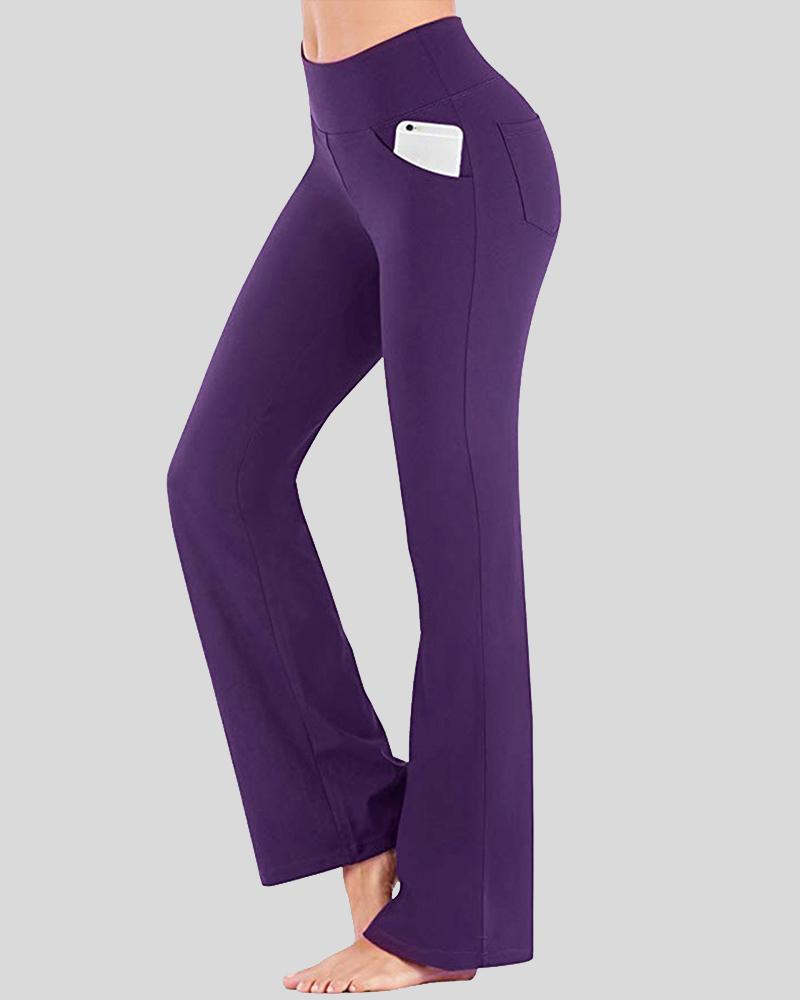 Pocket Detail Flare Leg High Waist Sports Pants For Women-Pinkami
