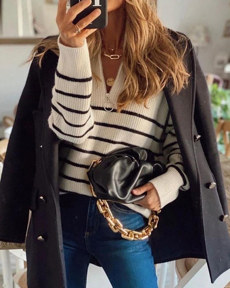 Striped Rib-Knit O-ring Zip Front Sweater-Pinkami