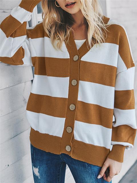 Color Block Buttons Up Sweater Cardigan-Pinkami