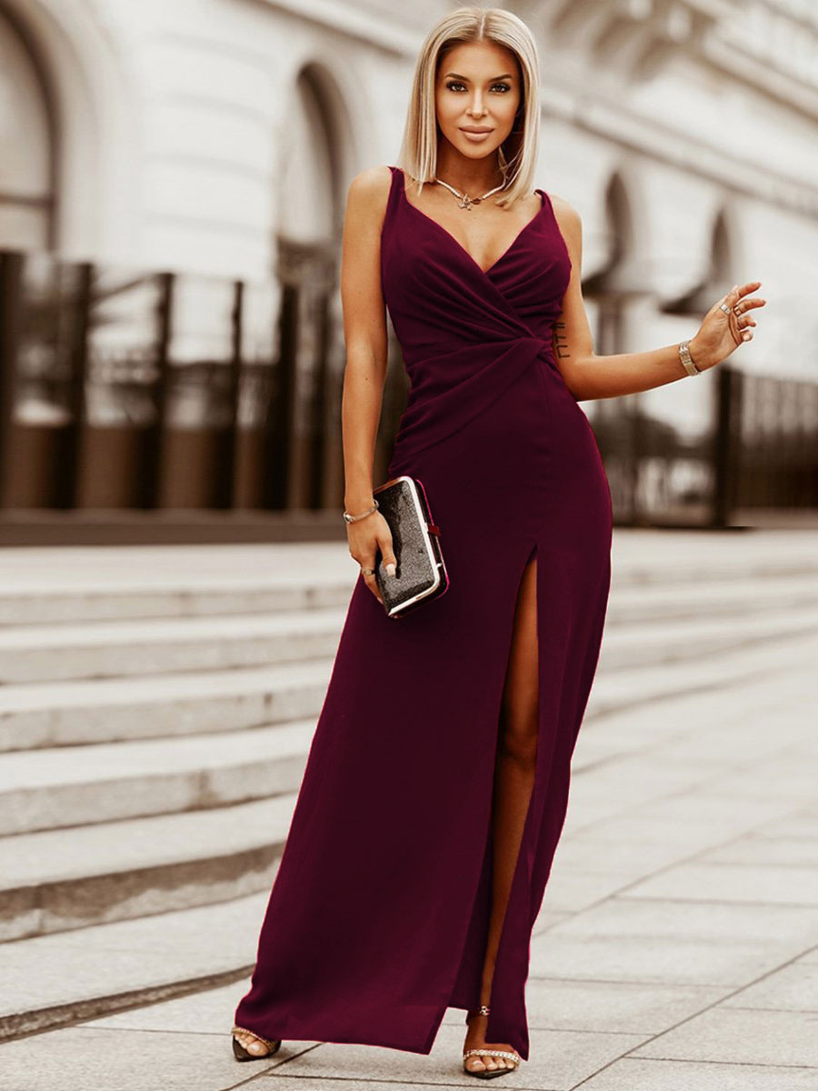 Burgundy Pleated Sleeveless High-slit V-Neck Semi Formal Maxi Party Dress
