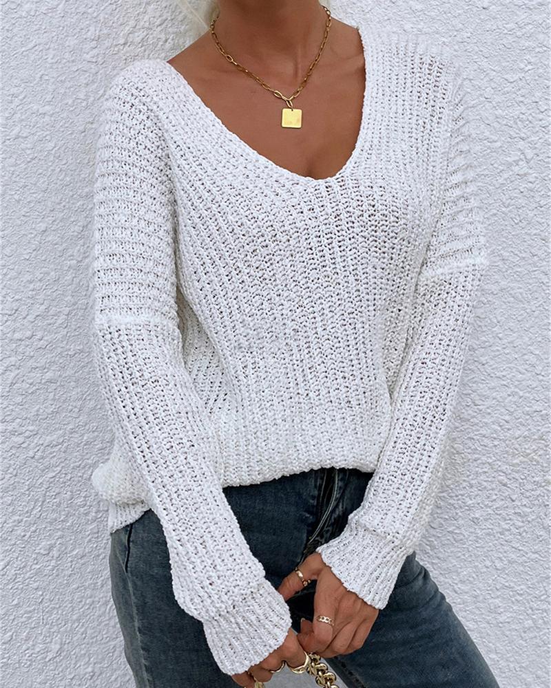 Solid Chunky Knit V Neck Sweater-Pinkami