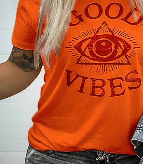 Letter & Eyes Graphic Round Neck T-Shirt-Pinkami