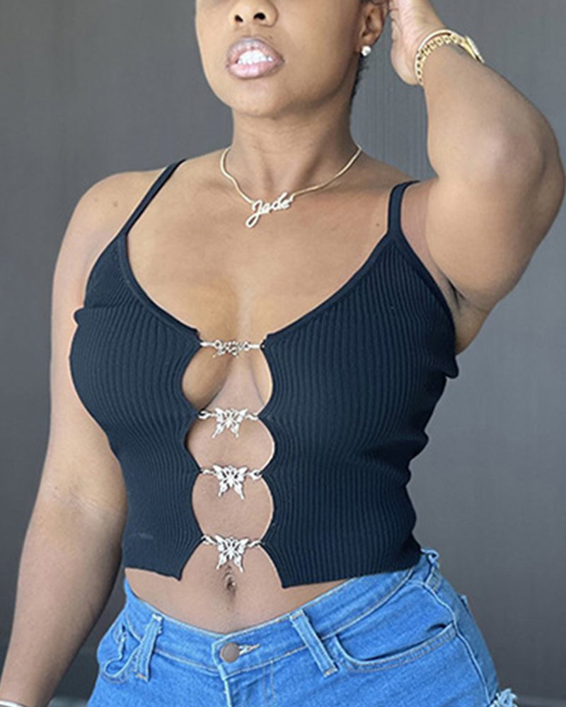 Ribbed Chain Linked Hollow Out Crop Cami Top-Pinkami