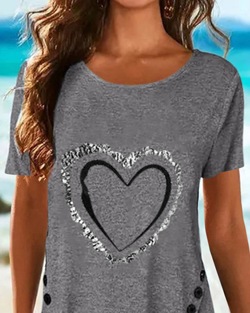 Heart Print Button Side Asymmetrical Hem T-Shirt-Pinkami