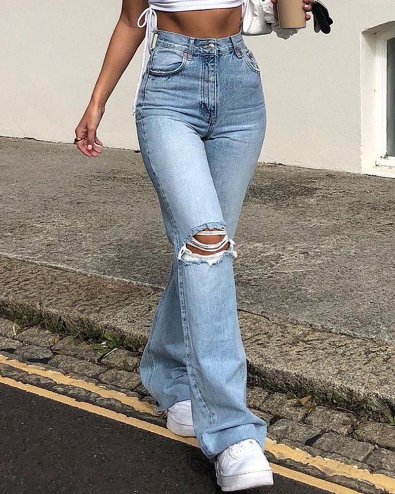 Women Ripped High Waist Flare Jeans-Pinkami