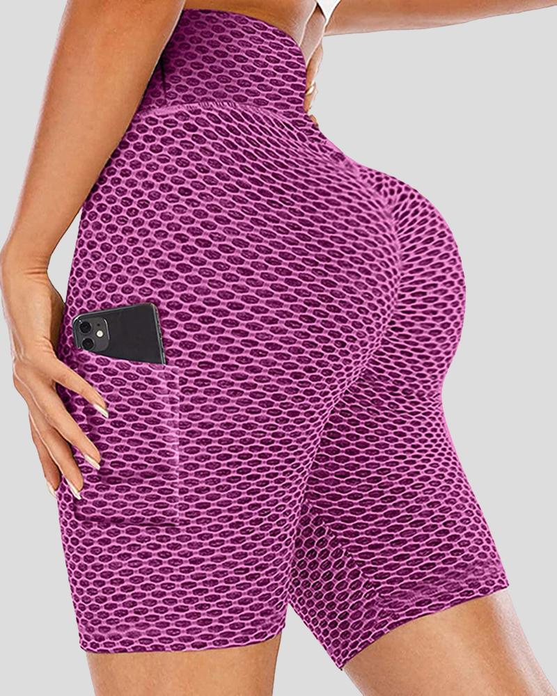 Solid Textured Pocket Decor Butt Lifting Sports Shorts-Pinkami