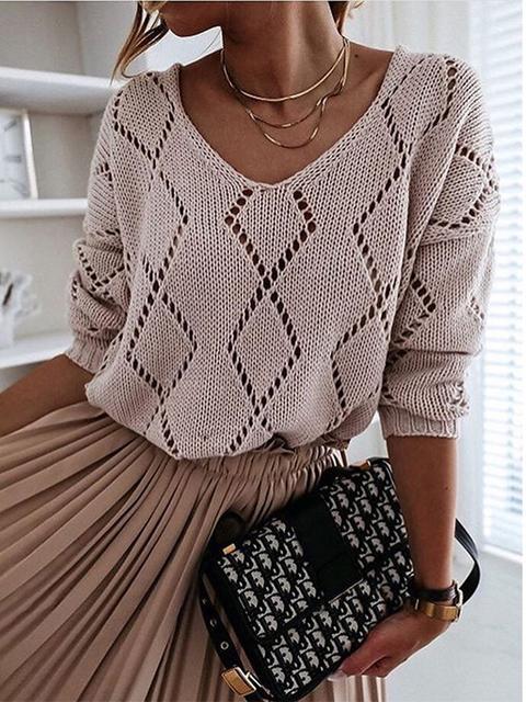 V-neck Rhombus Hollow out Knit Sweater-Pinkami