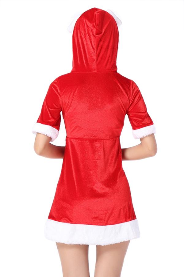 Women Red Short Sleeve Hooded Santa Costume-Pinkami