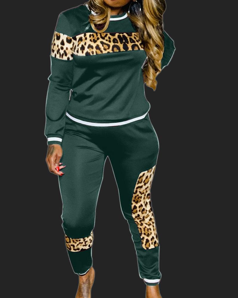 Striped Leopard Print Top & Pants Set-Pinkami