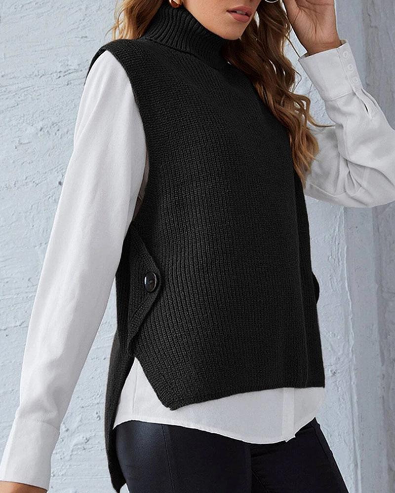 Ribbed Sleeveless High Low Button Detail Sweater-Pinkami