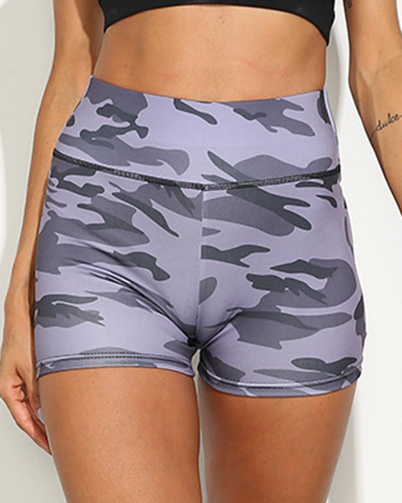 Camo Print Scrunch Butt Wide Waistband Sports Shorts-Pinkami