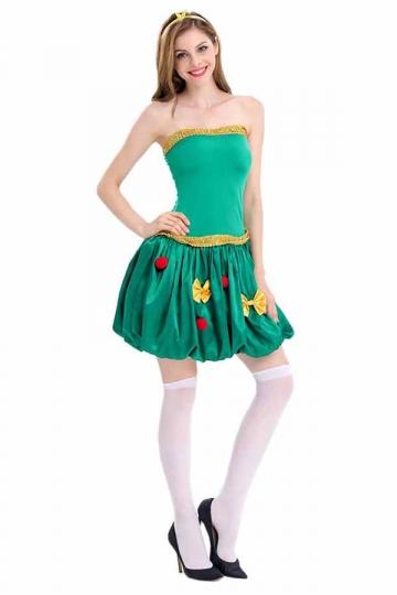 Womens Sexy Tube Dress Christmas Tree Santa Elf Costume Green-Pinkami