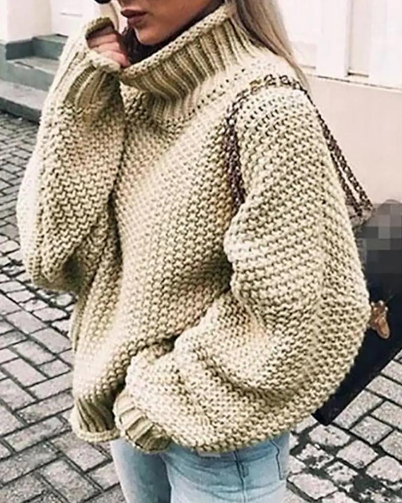 Solid Chunky Knit High Neck Drop Shoulder Sweater-Pinkami