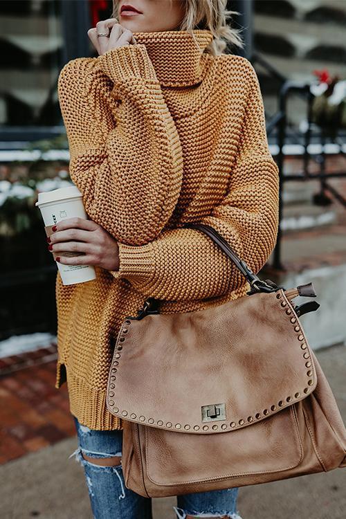 Solid Color Commuter Turtleneck Sweater Female-Pinkami